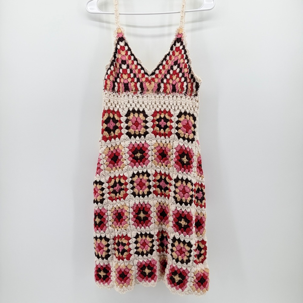 Lucky Brand Women Large Crochet Granny Square Mini Dress Pink Red Cream Boho